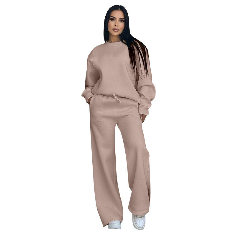 Solid-colored round-neck long-sleeved loose women's casual wide-leg pants for autumn and winter