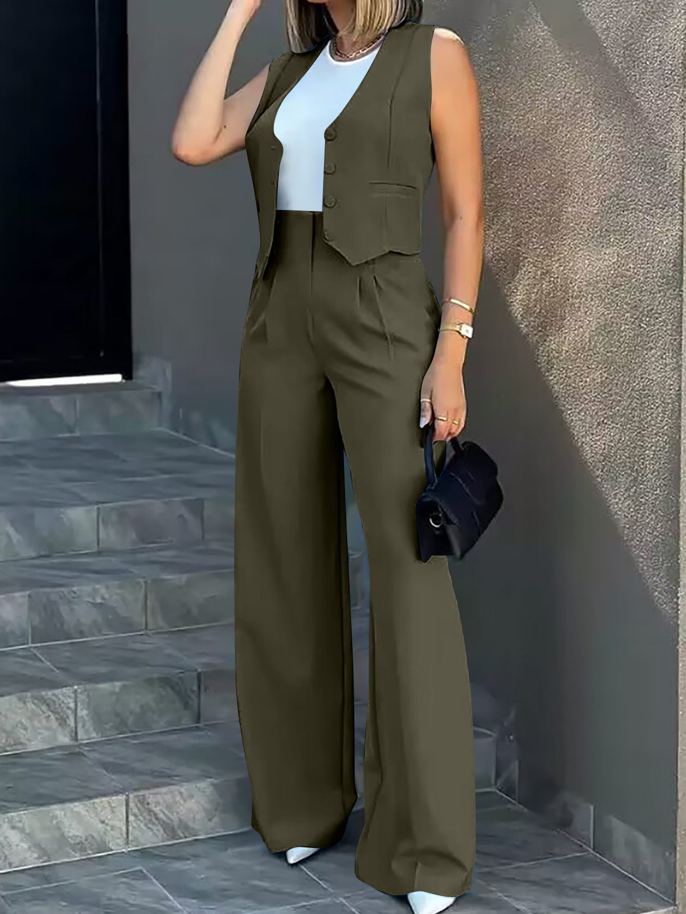 A suit vest, waistcoat, wide-leg pants, casual