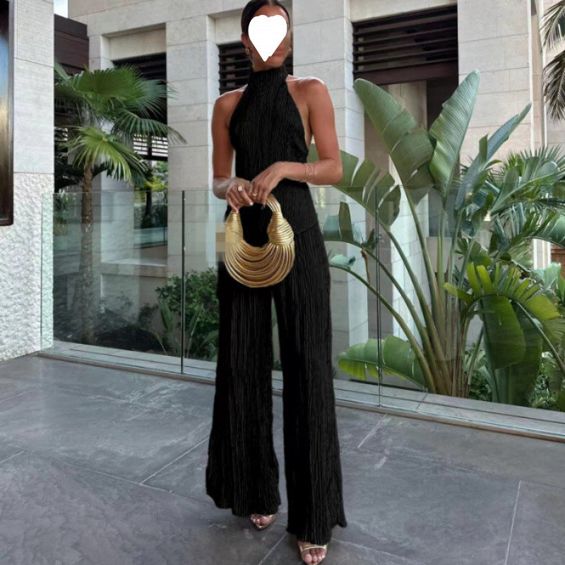 Women's asymmetrical halter-neck top, stretched-waist casual pleated pants