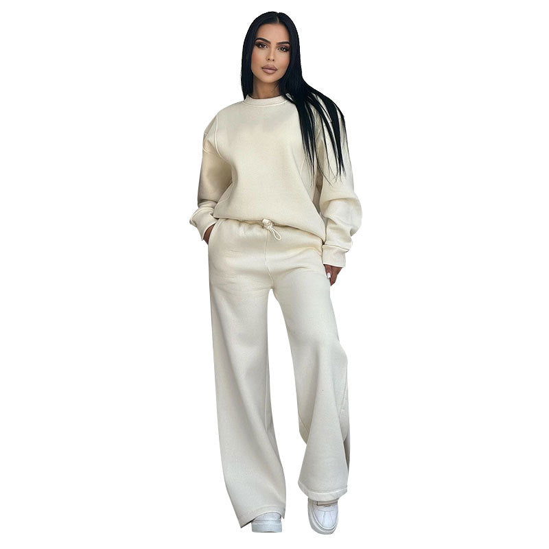 Solid-colored round-neck long-sleeved loose women's casual wide-leg pants for autumn and winter