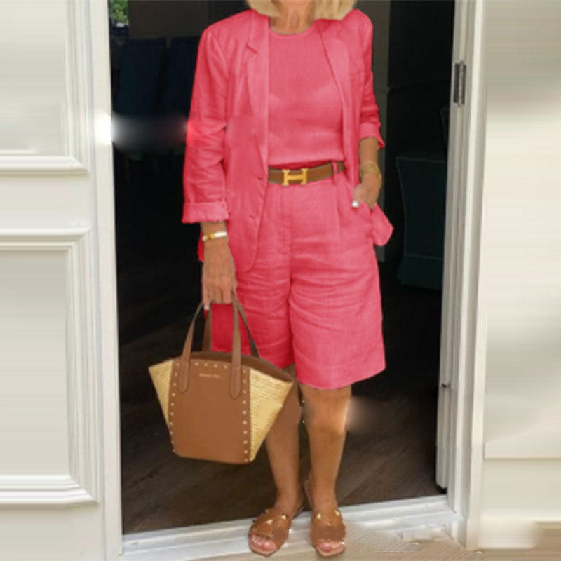Two pieces of Spring and autumn women's clothing, a cotton and linen imitation cardigan, top, shorts and a all suit