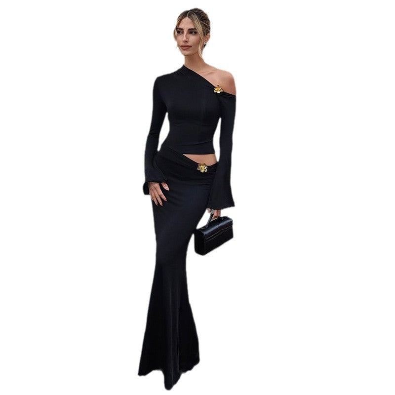 Autumn women's wear: off-the-shoulder metal-decorated flared sleeve top, high-waisted skirt