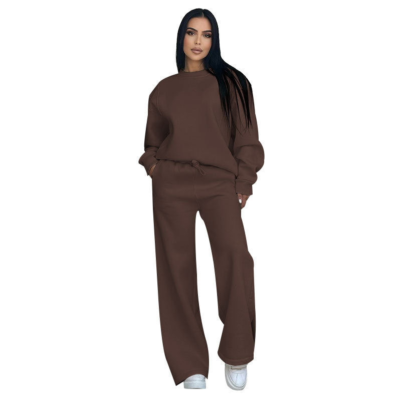 Solid-colored round-neck long-sleeved loose women's casual wide-leg pants for autumn and winter