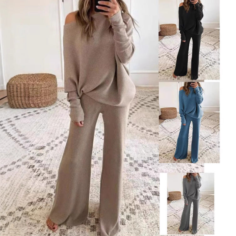 A two-piece knitted pair of solid-color, simple bat sleeves, long sleeves, drawstring high-waisted, wide-leg long pants for autumn and winter