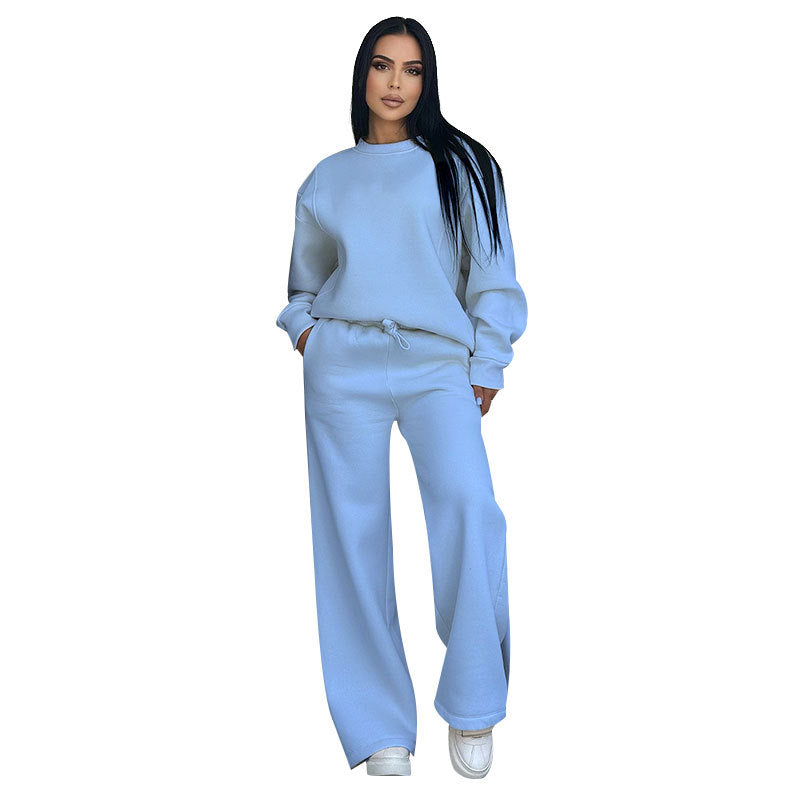 Solid-colored round-neck long-sleeved loose women's casual wide-leg pants for autumn and winter