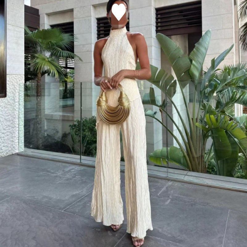 Women's asymmetrical halter-neck top, stretched-waist casual pleated pants