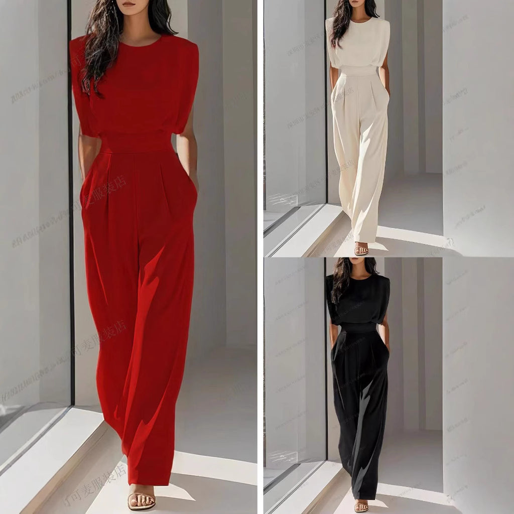 A solid color waist-cinching and slimming jumpsuit with a sophisticated and elegant feminine style