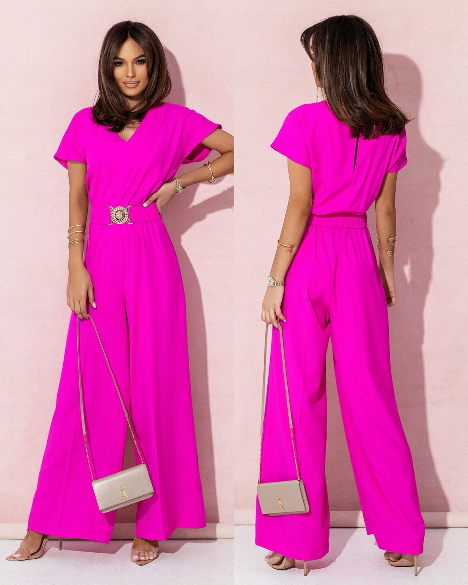 Short-sleeved V-neck solid-color fitted long pants jumpsuit