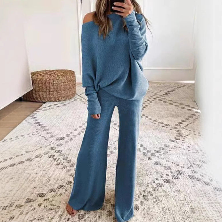 A two-piece knitted pair of solid-color, simple bat sleeves, long sleeves, drawstring high-waisted, wide-leg long pants for autumn and winter
