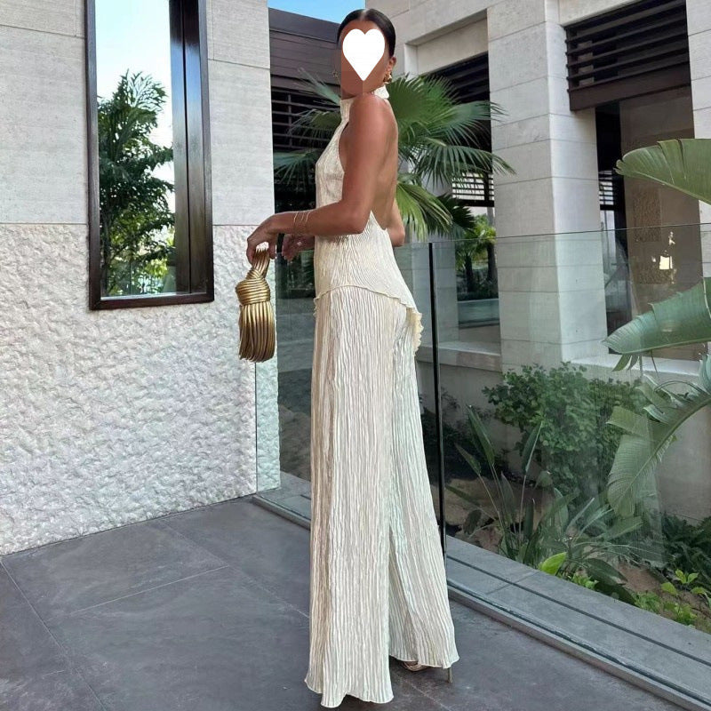 Women's asymmetrical halter-neck top, stretched-waist casual pleated pants