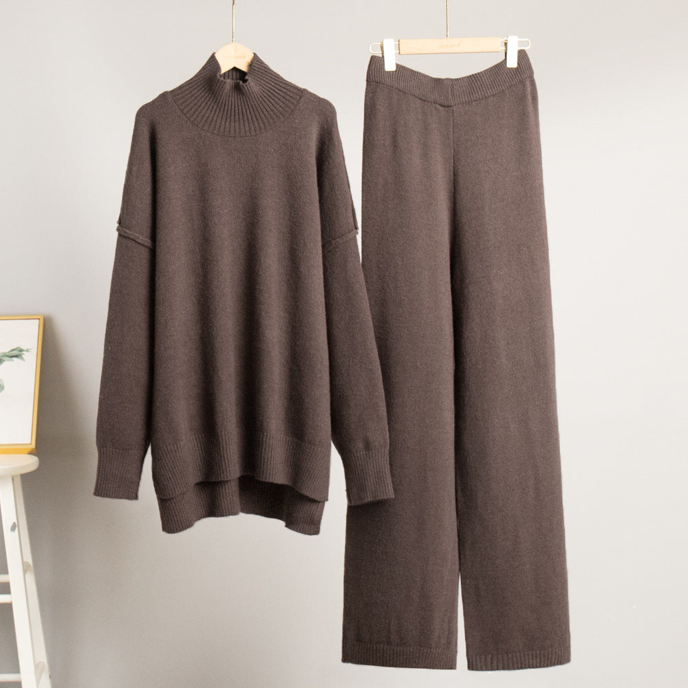 High-neck sweater, loose, casual and laid-back thick knitted long pants for women in autumn and winter