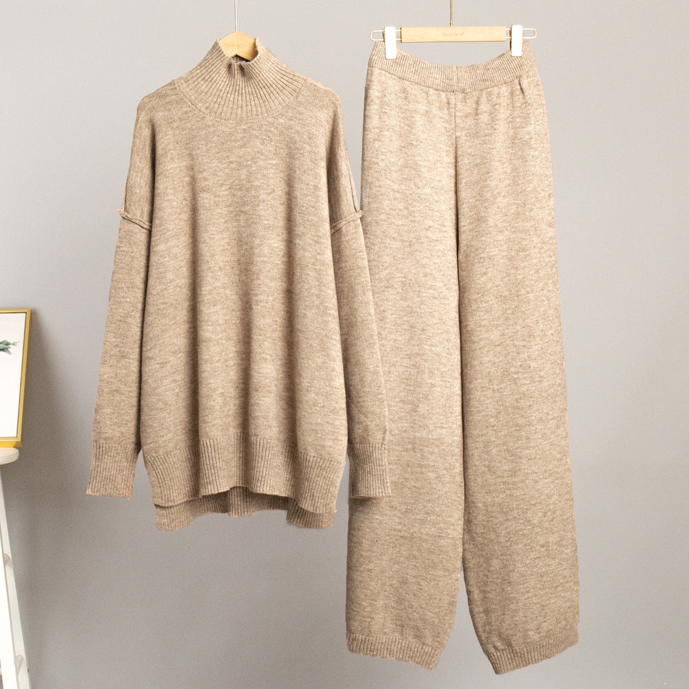 High-neck sweater, loose, casual and laid-back thick knitted long pants for women in autumn and winter