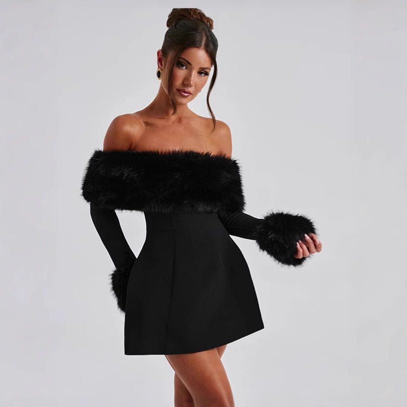 Women's dress with a one-shoulder collar and fur patchwork high-waisted design