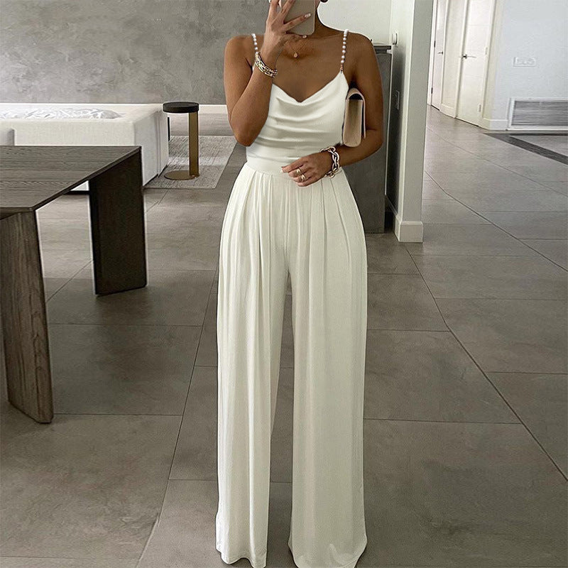 Pearl strappy, wide-leg, sleeveless, V-neck, backless trousers, jumpsuit
