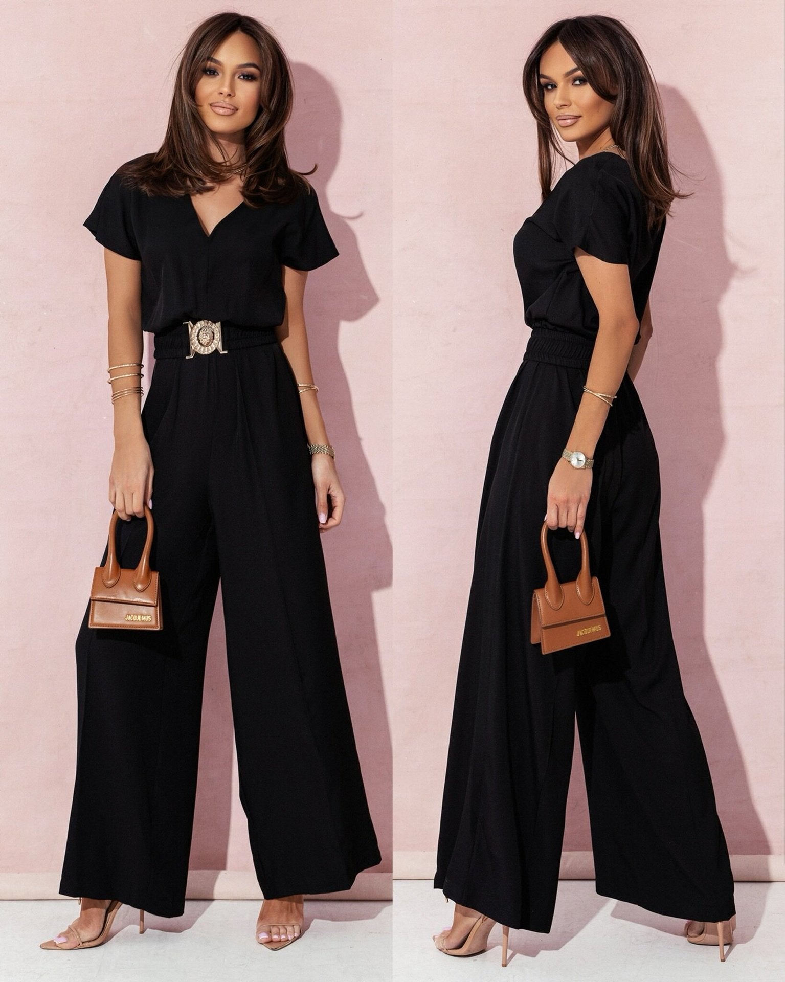 Short-sleeved V-neck solid-color fitted long pants jumpsuit