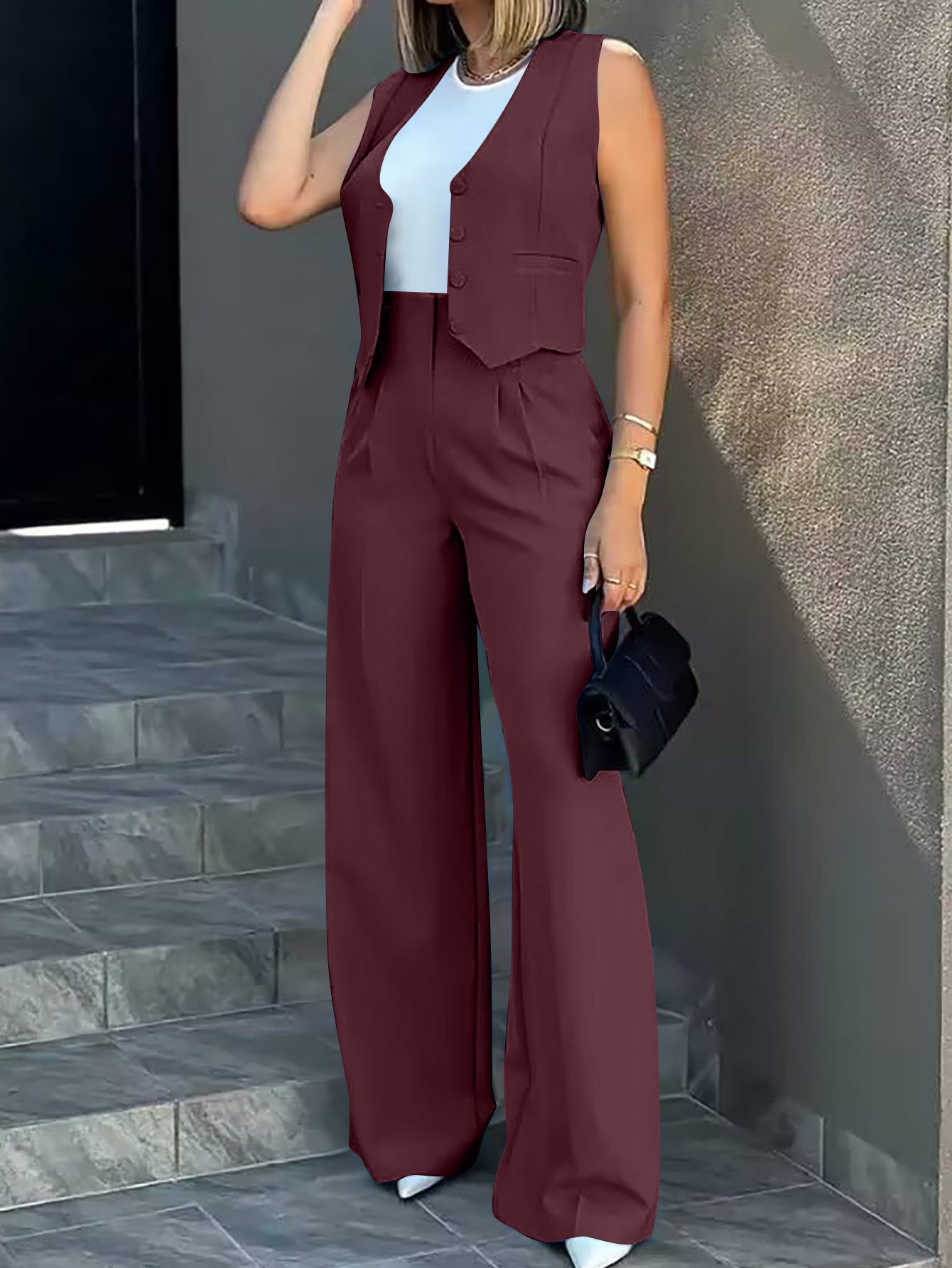 A suit vest, waistcoat, wide-leg pants, casual
