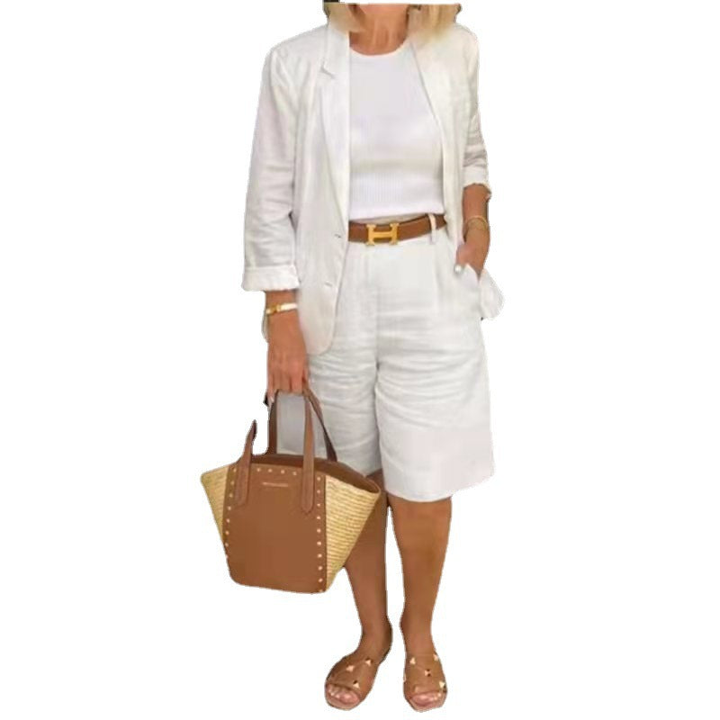 Two pieces of Spring and autumn women's clothing, a cotton and linen imitation cardigan, top, shorts and a all suit