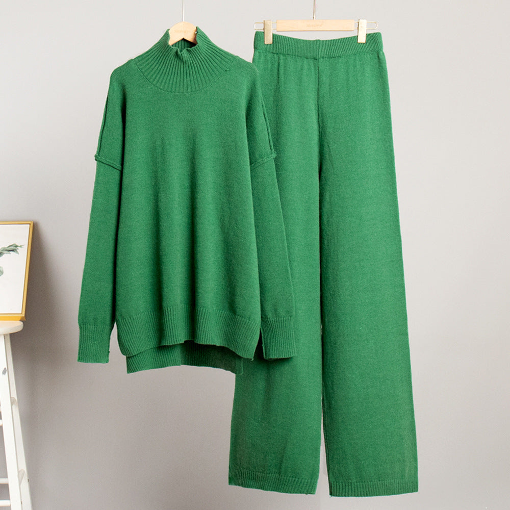 High-neck sweater, loose, casual and laid-back thick knitted long pants for women in autumn and winter