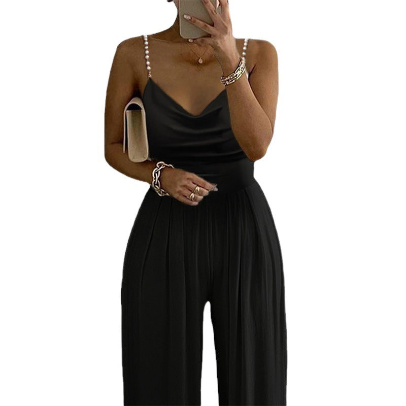 Pearl strappy, wide-leg, sleeveless, V-neck, backless trousers, jumpsuit