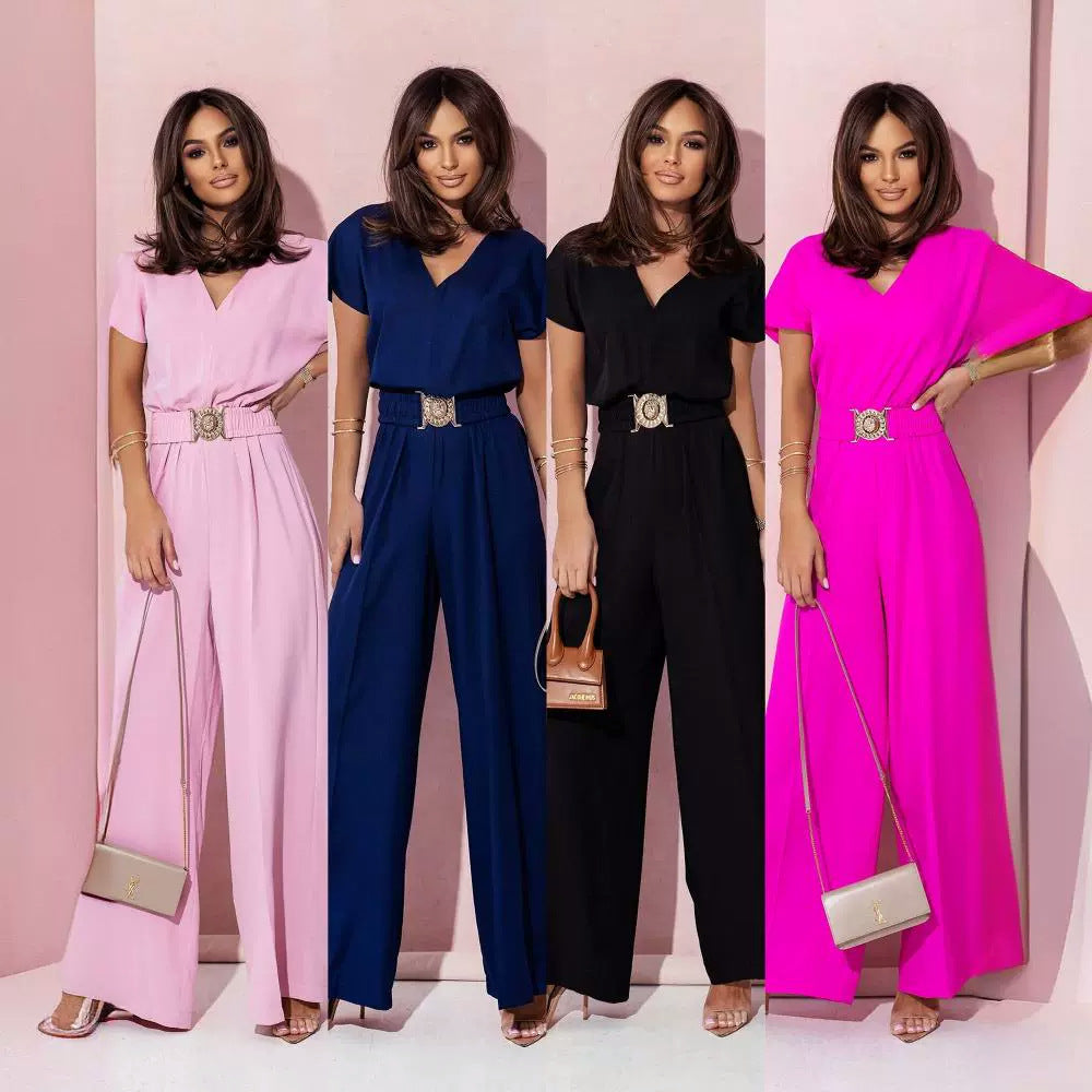 Short-sleeved V-neck solid-color fitted long pants jumpsuit