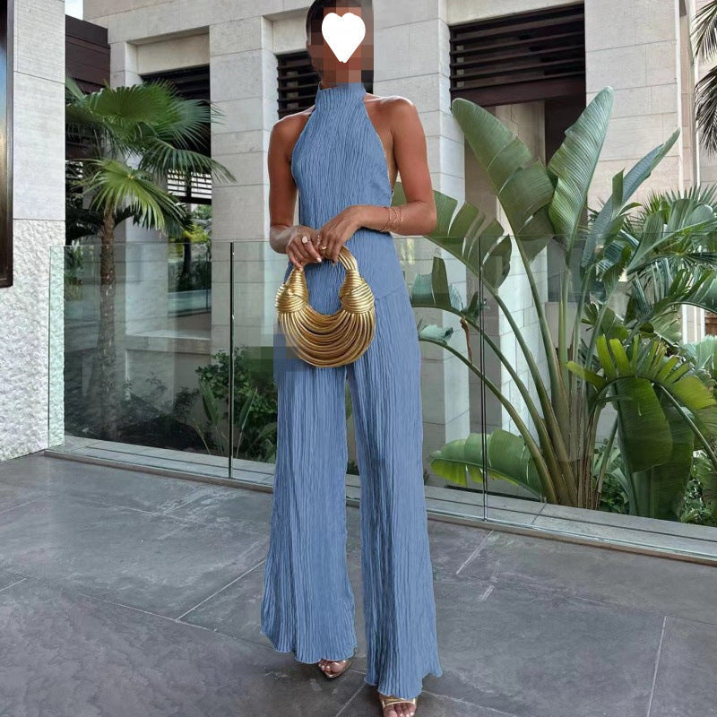 Women's asymmetrical halter-neck top, stretched-waist casual pleated pants