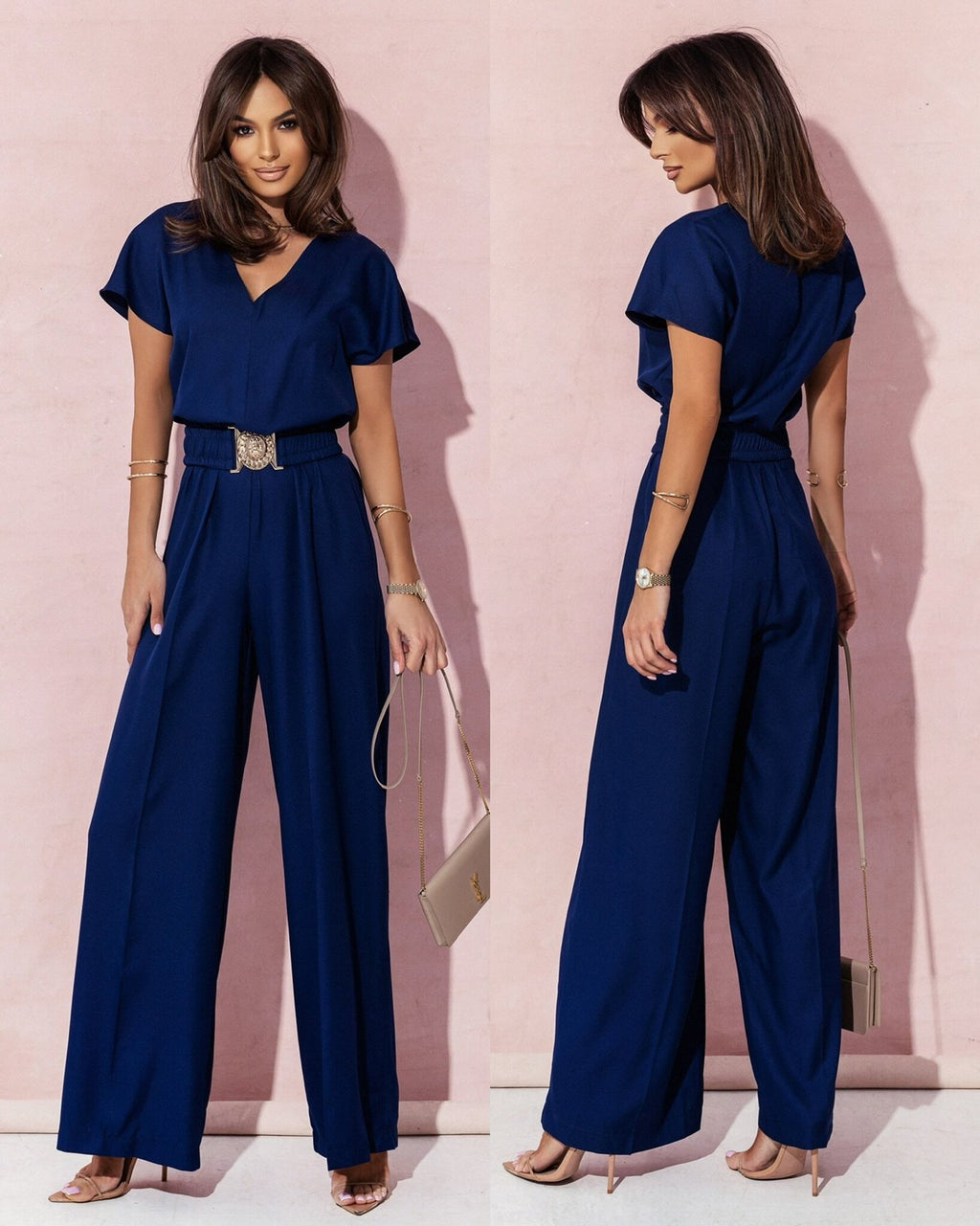 Short-sleeved V-neck solid-color fitted long pants jumpsuit