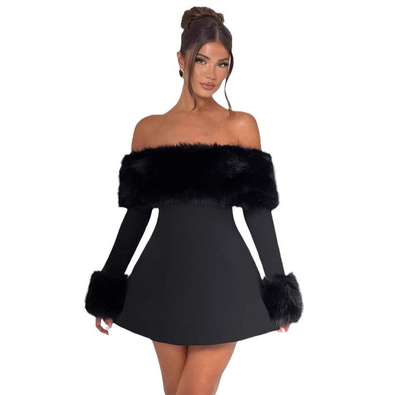 Women's dress with a one-shoulder collar and fur patchwork high-waisted design