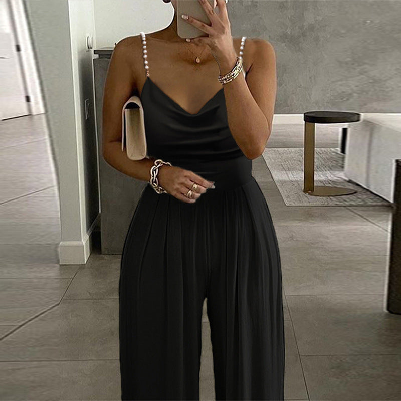 Pearl strappy, wide-leg, sleeveless, V-neck, backless trousers, jumpsuit