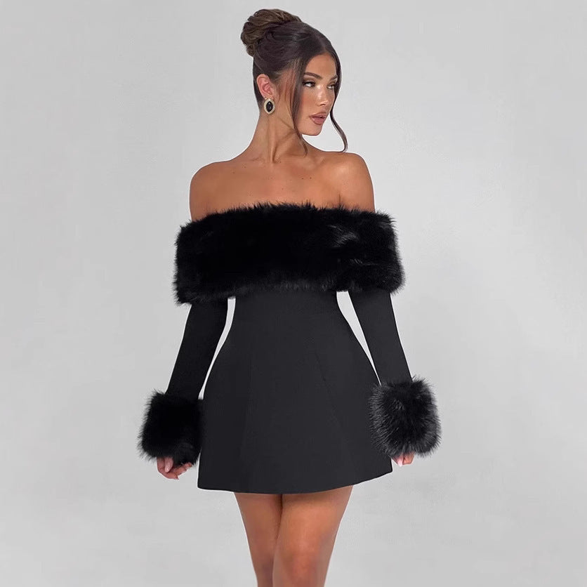 Women's dress with a one-shoulder collar and fur patchwork high-waisted design