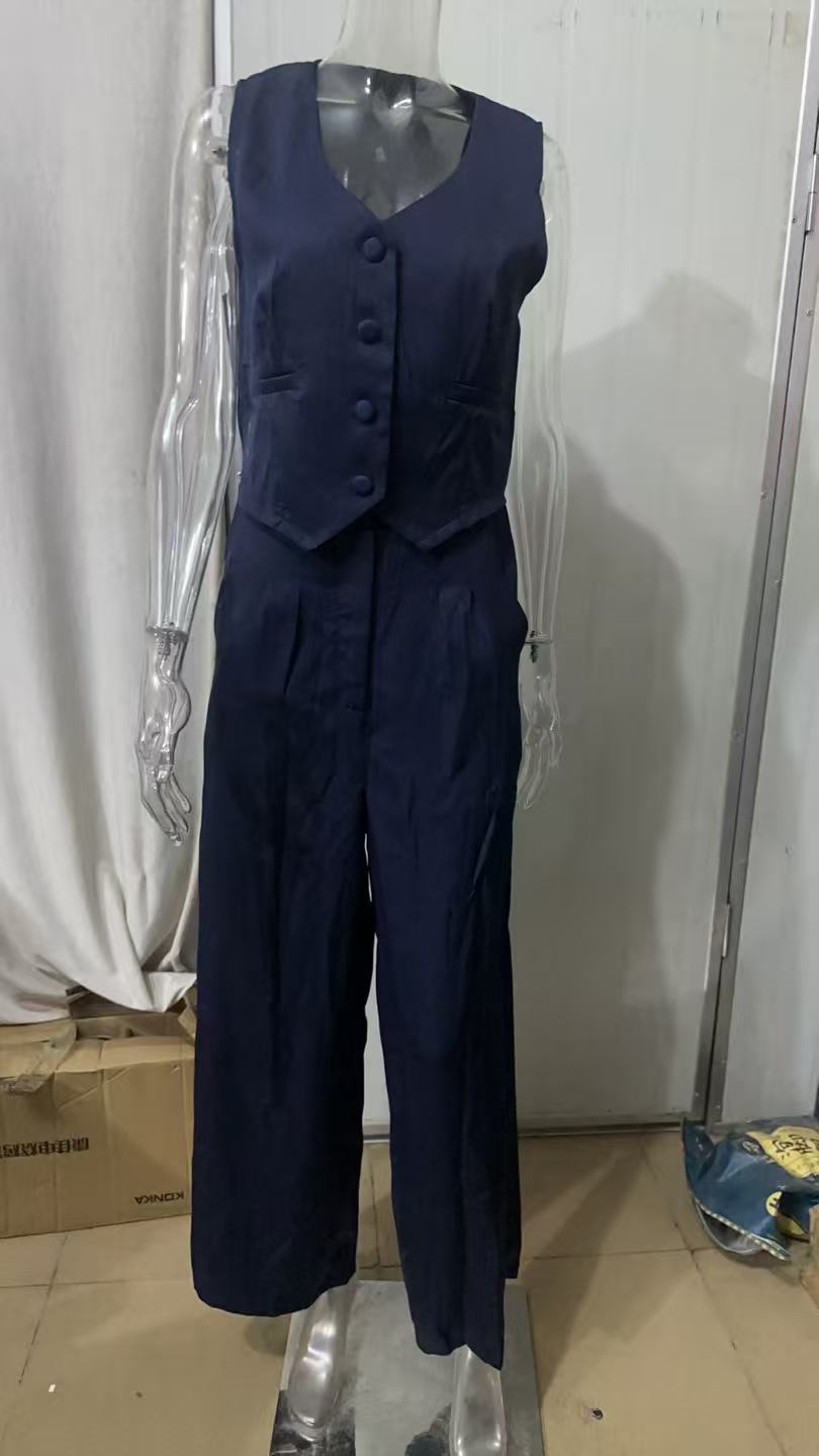 A suit vest, waistcoat, wide-leg pants, casual