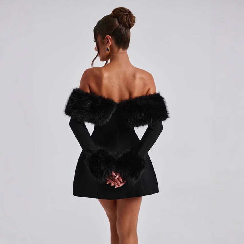 Women's dress with a one-shoulder collar and fur patchwork high-waisted design