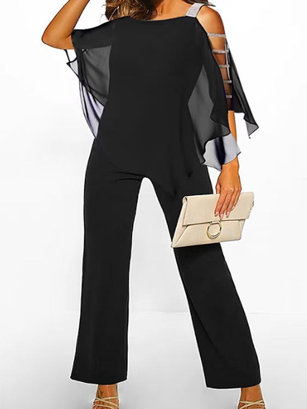 Solid color irregular off-the-shoulder one-piece flared pants for women's autumn and winter