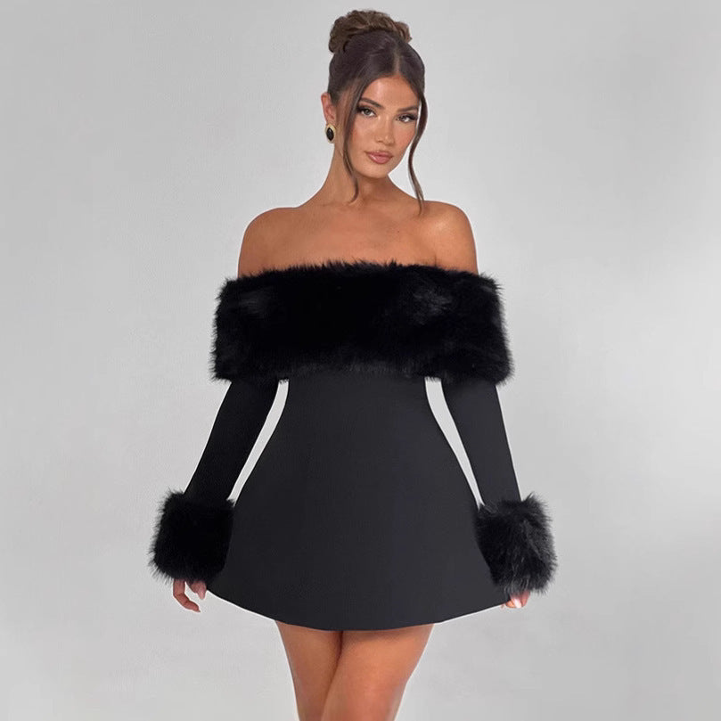 Women's dress with a one-shoulder collar and fur patchwork high-waisted design