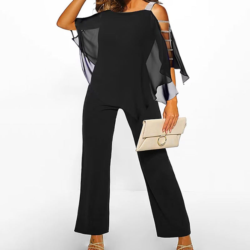 Solid color irregular off-the-shoulder one-piece flared pants for women's autumn and winter