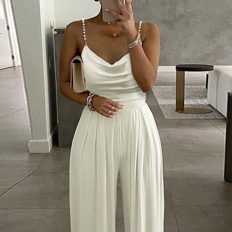 Pearl strappy, wide-leg, sleeveless, V-neck, backless trousers, jumpsuit